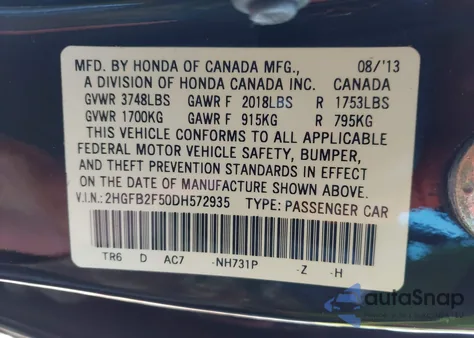 2013 Honda Civic Lx z USA, uszkodzony, nr VIN 2HGFB2F50DH572935